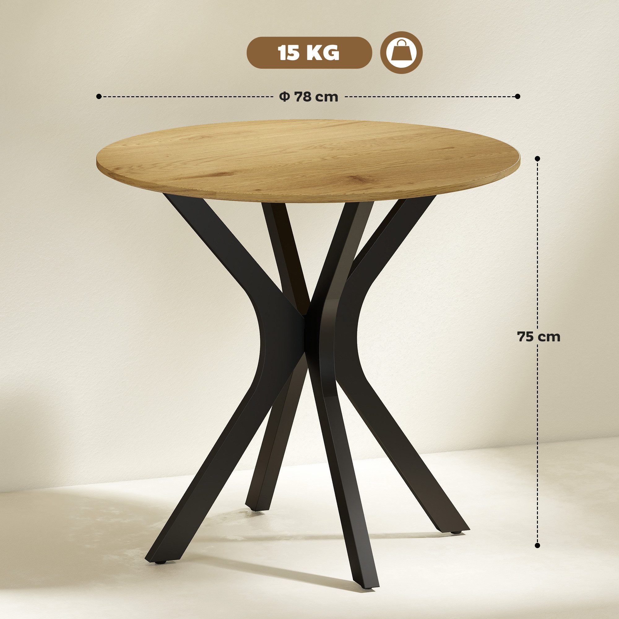 HOMCOM Esstisch Kaffeetisch Spider-Stahlgestell für Küche Esszimmer (Runder Tisch, 1-St., Küchentisch), Ø78 x 75H cm, Naturholz