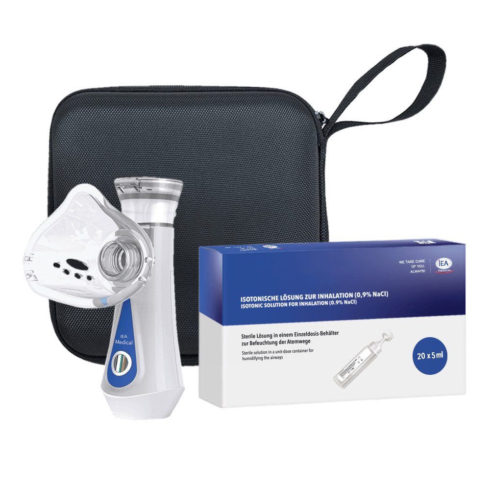 IEA Medical Inhalationsgerät Inhalator Set mit Schutztasche & 20er 0,9 % NaCl Kochsalzlösung, Komplettset für unterwegs: Inhalator, Tasche & sterile Einzeldosen