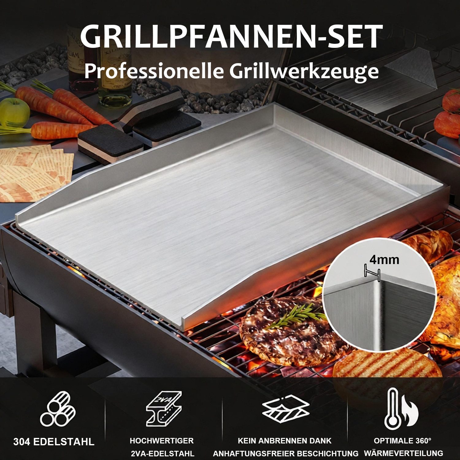 devesanter Grillplatte Edelstahl Grillplatte Set Universal BBQ Plancher Gasgrill Grill (1-St., mit Grillwerkzeugen und Reinigungsschwämme), für gleichmäßige Hit – Bild 4 von 5
