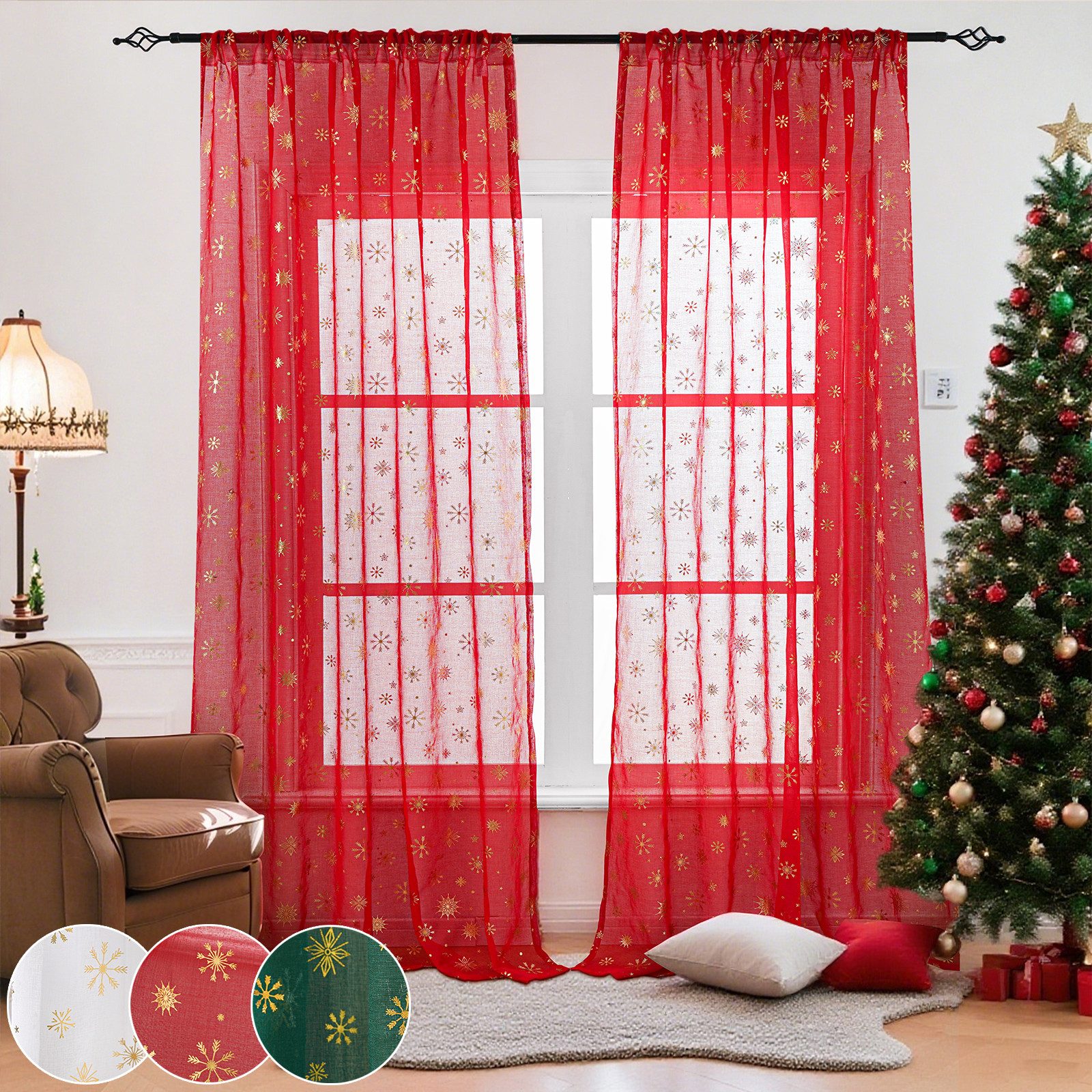 Jibenhome Gardine Vorhang Weihnachten Schneeflocke,Transparentvorhang,Weihnachtsdeko (2 St), halbtransparent, Voile Gardinen für Wohnzimmer, Schlafzimmer, Partydekoration