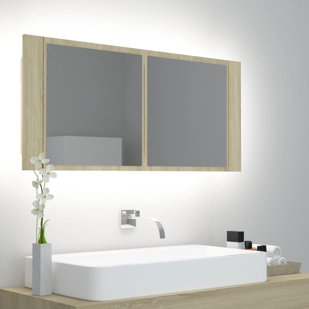 (1-St) Badezimmerspiegelschrank Acryl Sonoma-Eiche Sonoma cm 100x12x45 Eiche vidaXL LED-Bad-Spiegelschrank