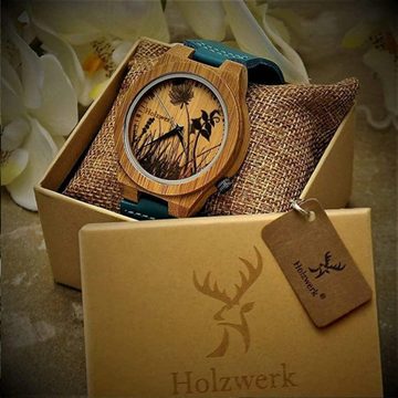 Holzwerk Quarzuhr FLORISTIC Damen Holz Armband Uhr mit Blumen Muster, braun, türkis blau