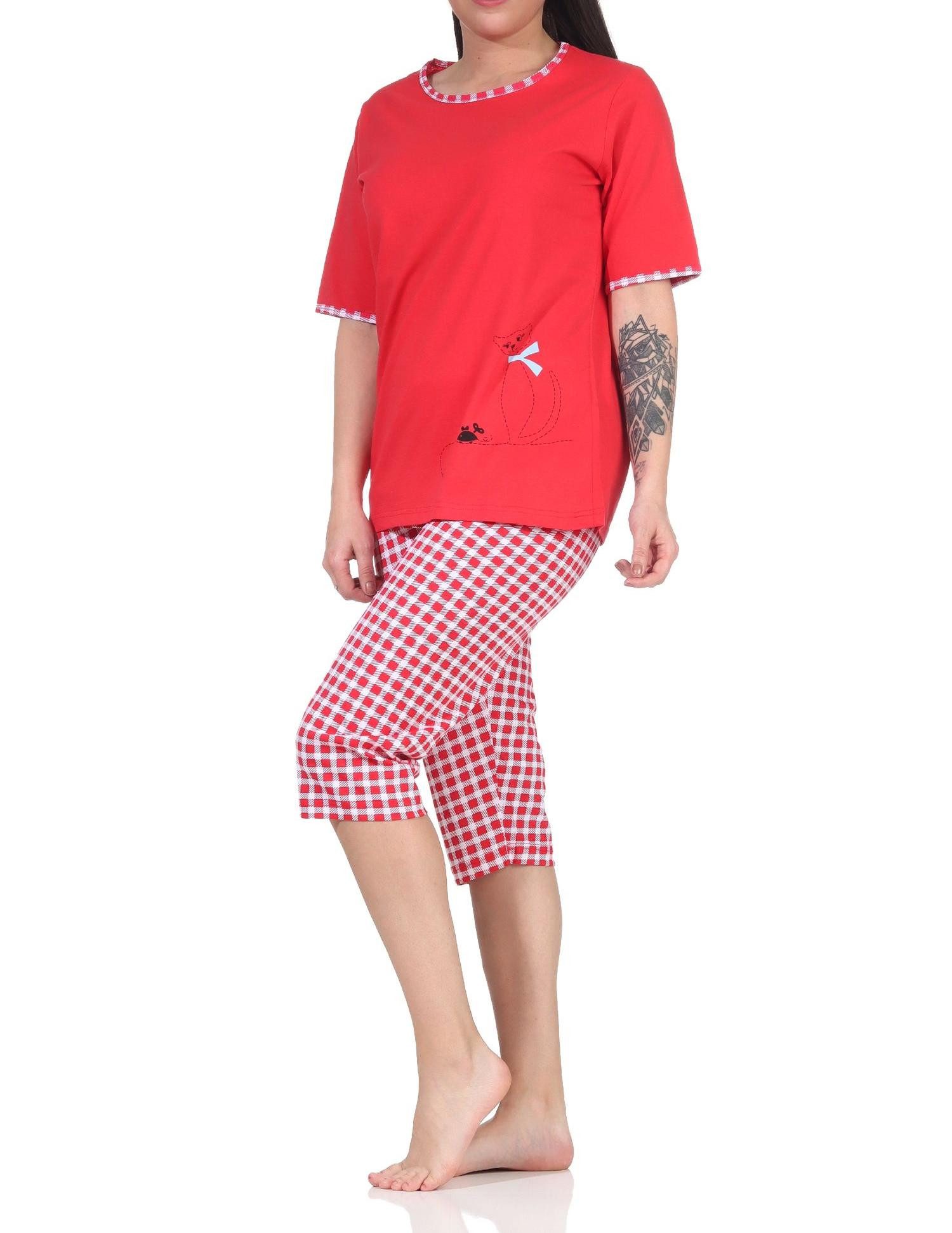 RELAX by Normann Pyjama Damen kurzarm Capri Schlafanzug mit süßen Katzen Motiv