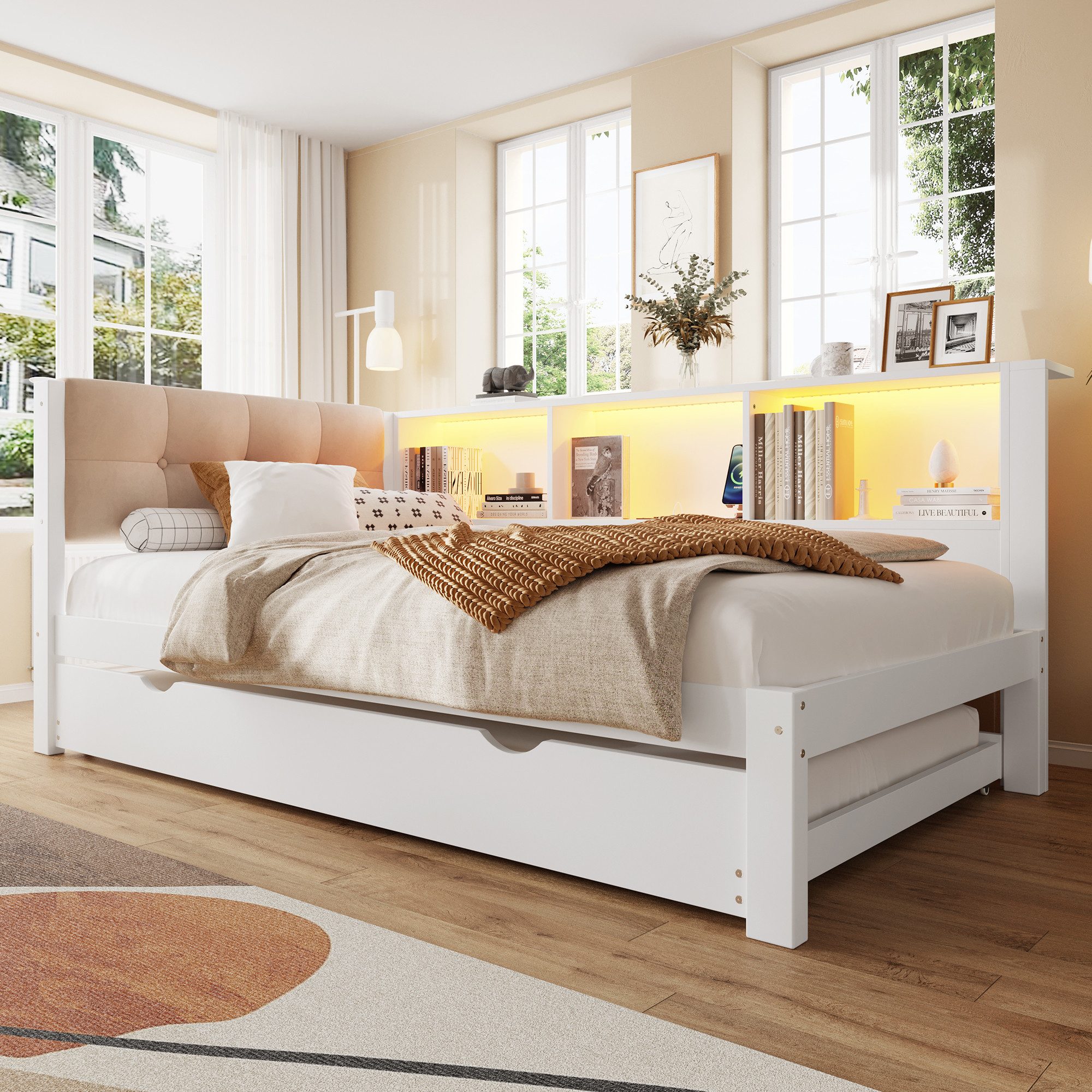 Odikalo Stauraumbett Daybett Tagesbett Ausziehbett Schlafsofa Polsterbett mit USB 90x200cm