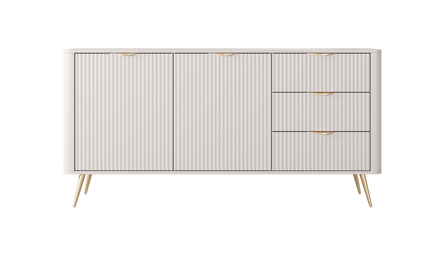 Feldmann-Wohnen Kombikommode Lante (Schubladen mit Kugelvollauszug, 2 Türen, innen je 1 Holzboden, 1 St., Metallgriffe und -füße in gold, Fronten geriffelte Wellenoptik), 163x38x81cm Farbe beige mit 2 Türen und 3 Schubladen