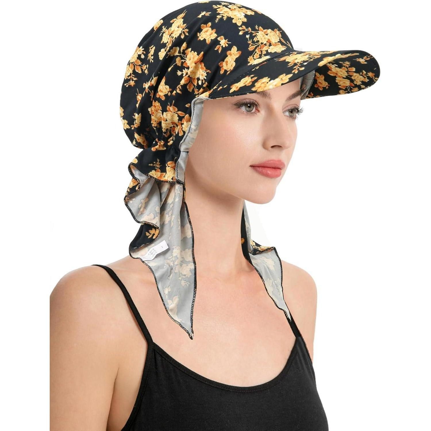 LuxusKollektion Beanie Kopfbedeckung Chemo Damen Mütze Beanie Krempe Gelbe Blumen Schwarz