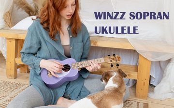 Winzz Konzertgitarre Ukulele Anfänger Set, mit 9 Zubehör, Sopran-Ukulele mit Aquila-Saiten und stilvollem Schutz Ideal für jeden