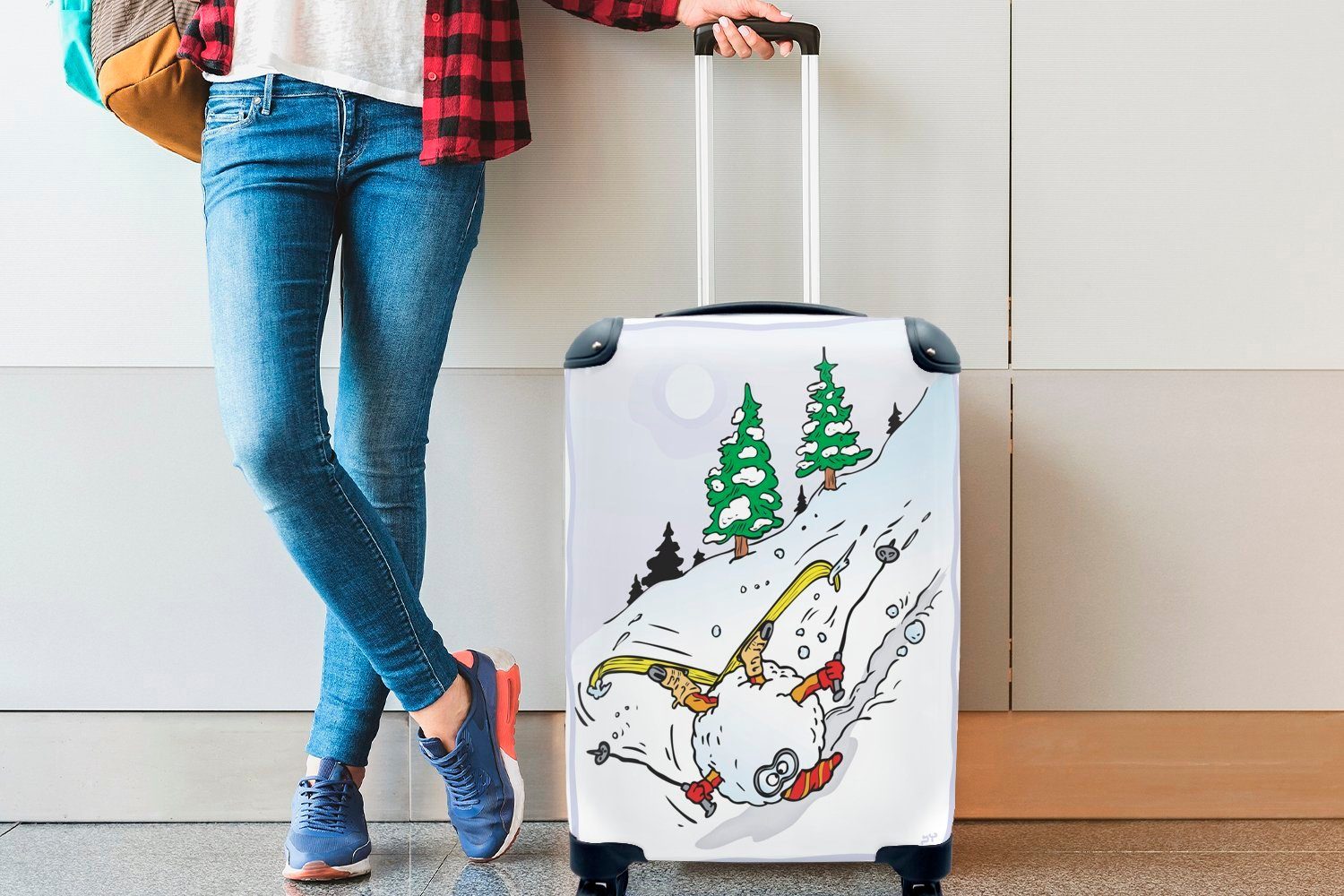 Schneeball, eines für der Reisetasche Trolley, rollen, Reisekoffer Illustration Rollen, 4 Handgepäck Skifahrers, wie Handgepäckkoffer mit Eine Ferien, MuchoWow ein