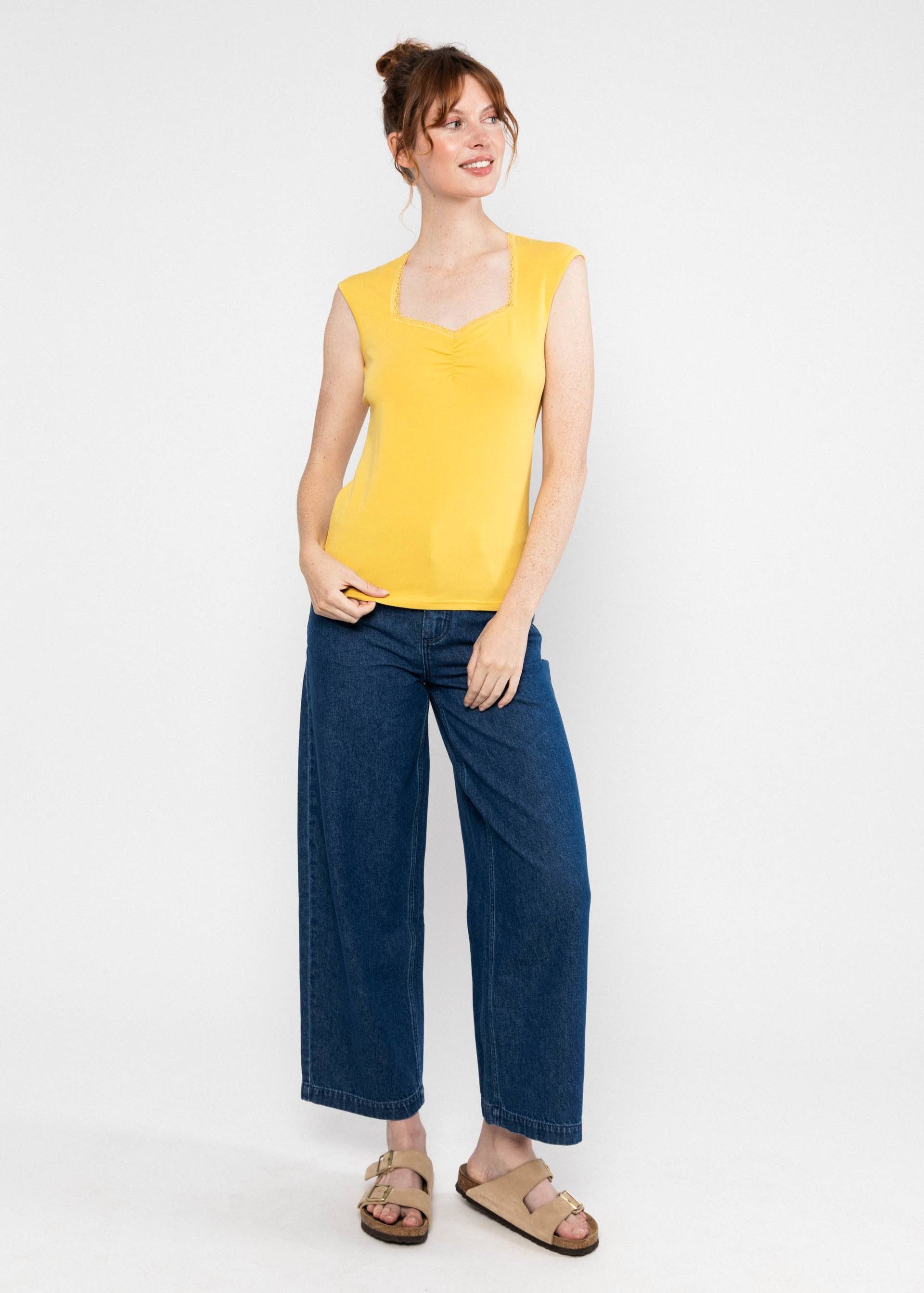 Blutsgeschwister T-Shirt - Damen Top gelb - Herzausschnitt mit Spitze - ärmelloses Sommer Shirt