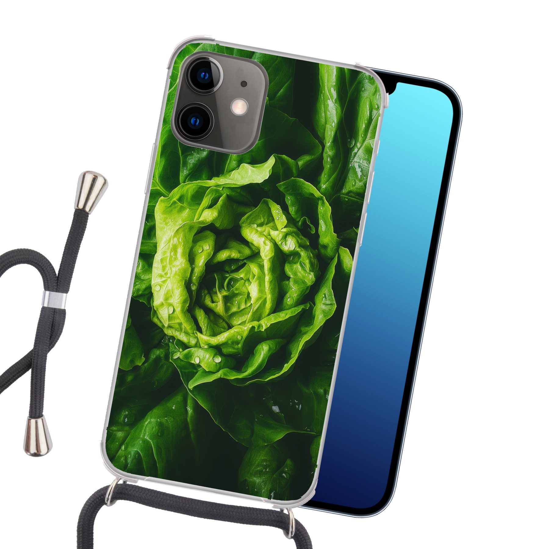 MuchoWow Handyhülle für Apple iPhone 12 Gemüse - Kopfsalat - Grün, Tragbare Handyhüllen mit Kette zum umhängen, Handykette Handyband