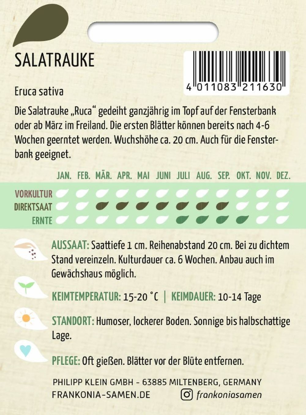 FRANKONIA Gemüsesamen Salatrauke, Rucola - Saatgut Salat-Samen Samen, Eruca sativa