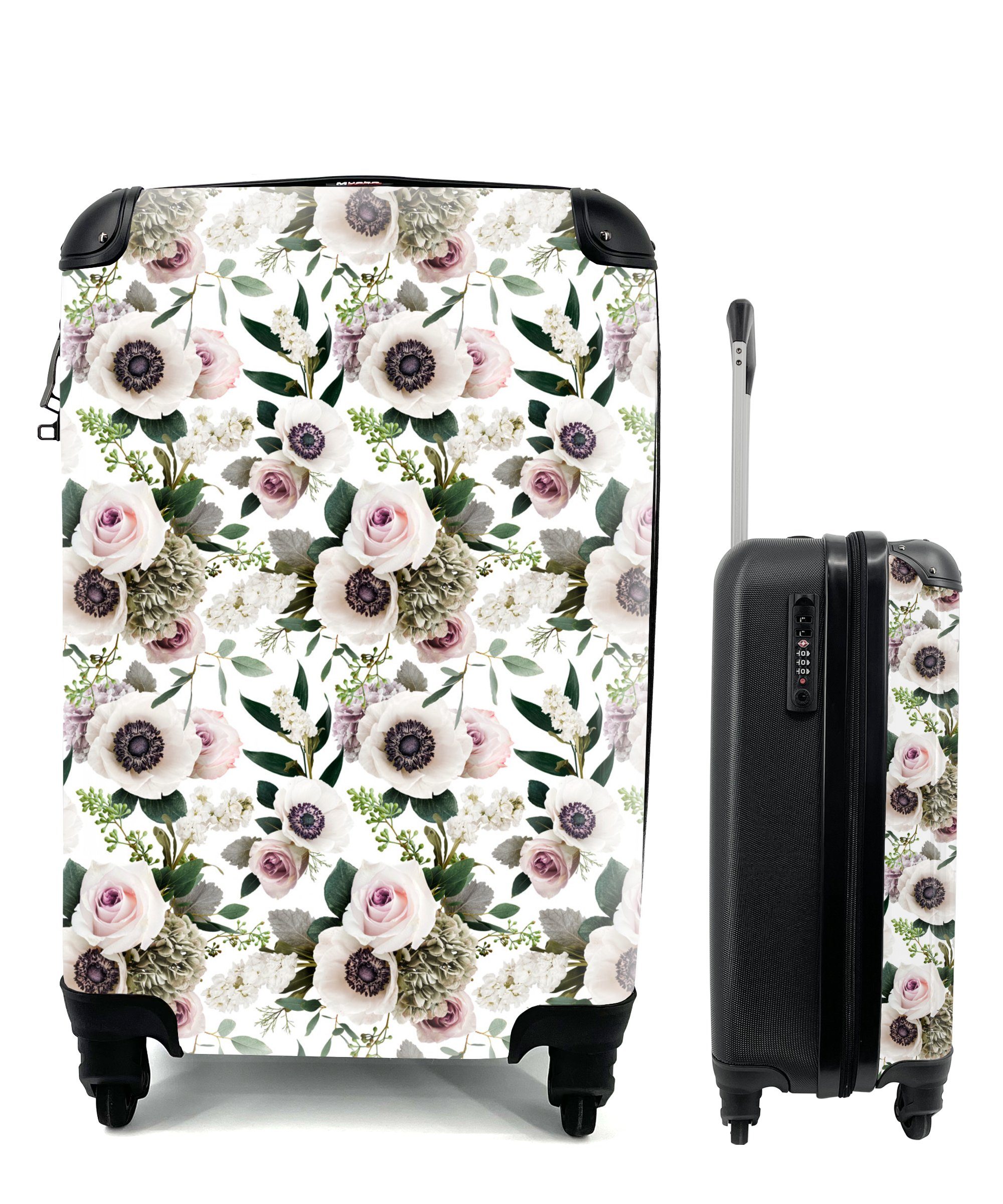 MuchoWow Reisetasche Rosen - Trolley, Handgepäckkoffer Reisekoffer Anemone, 4 Ferien, - Rollen, mit für rollen, Blumen Handgepäck