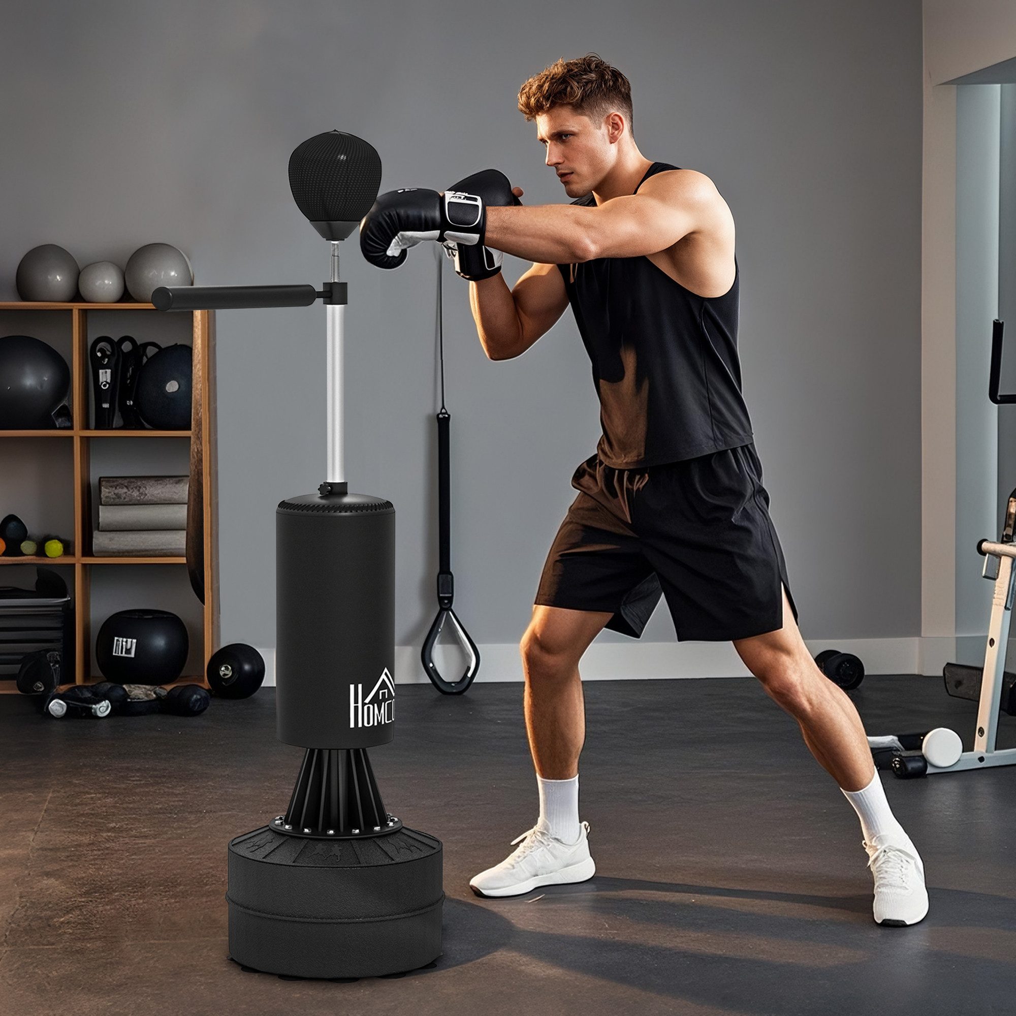 HOMCOM Standboxsack Boxsack stehend 155-205cm mit Speedball Kickboxsack (Punchingball Set, 1-tlg., freistehend Boxsack), Höhenverstellbar, Schwarz