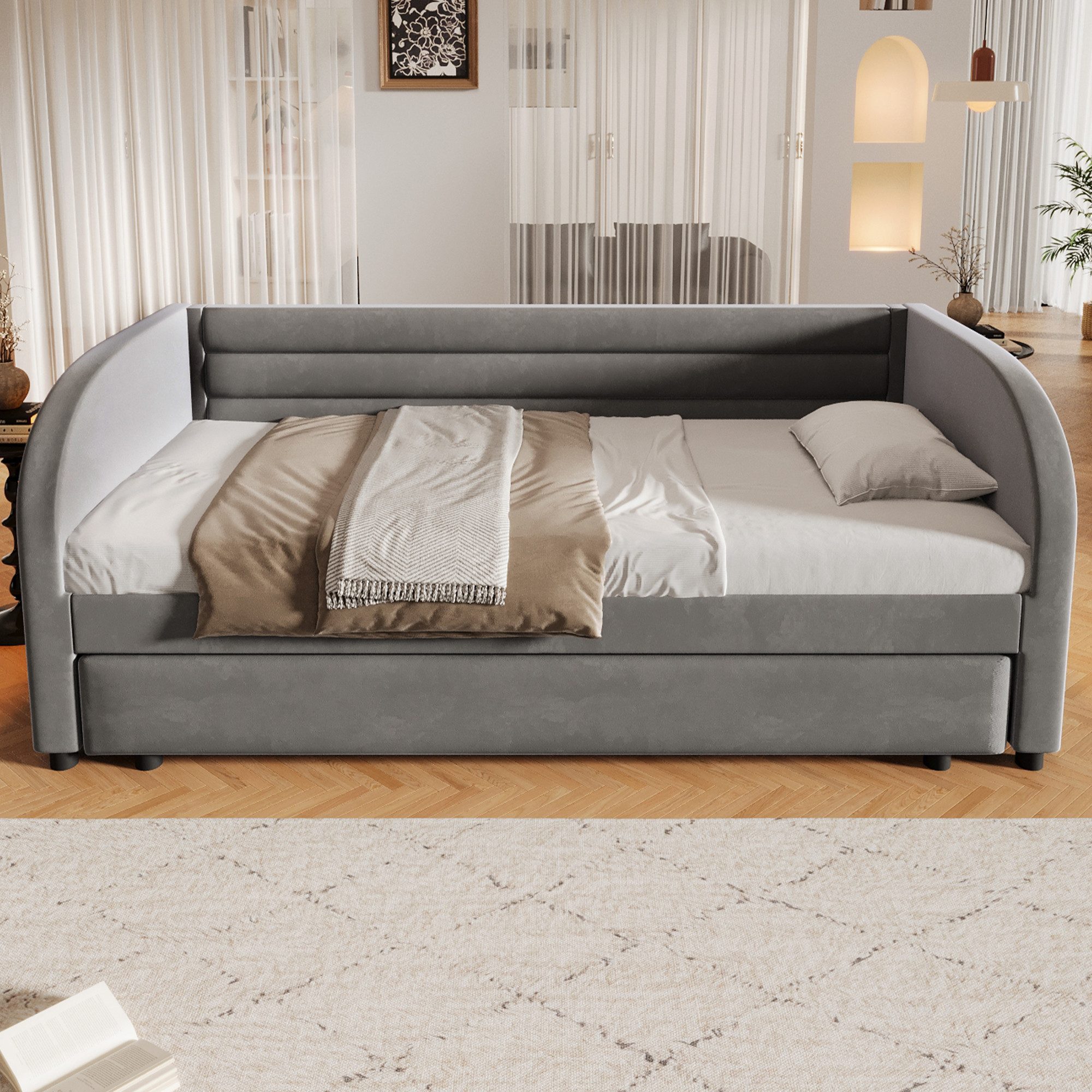 Flieks Daybett, Polsterbett 90x200cm mit Ausziehbett 90x190cm und LED-Beleuchtung