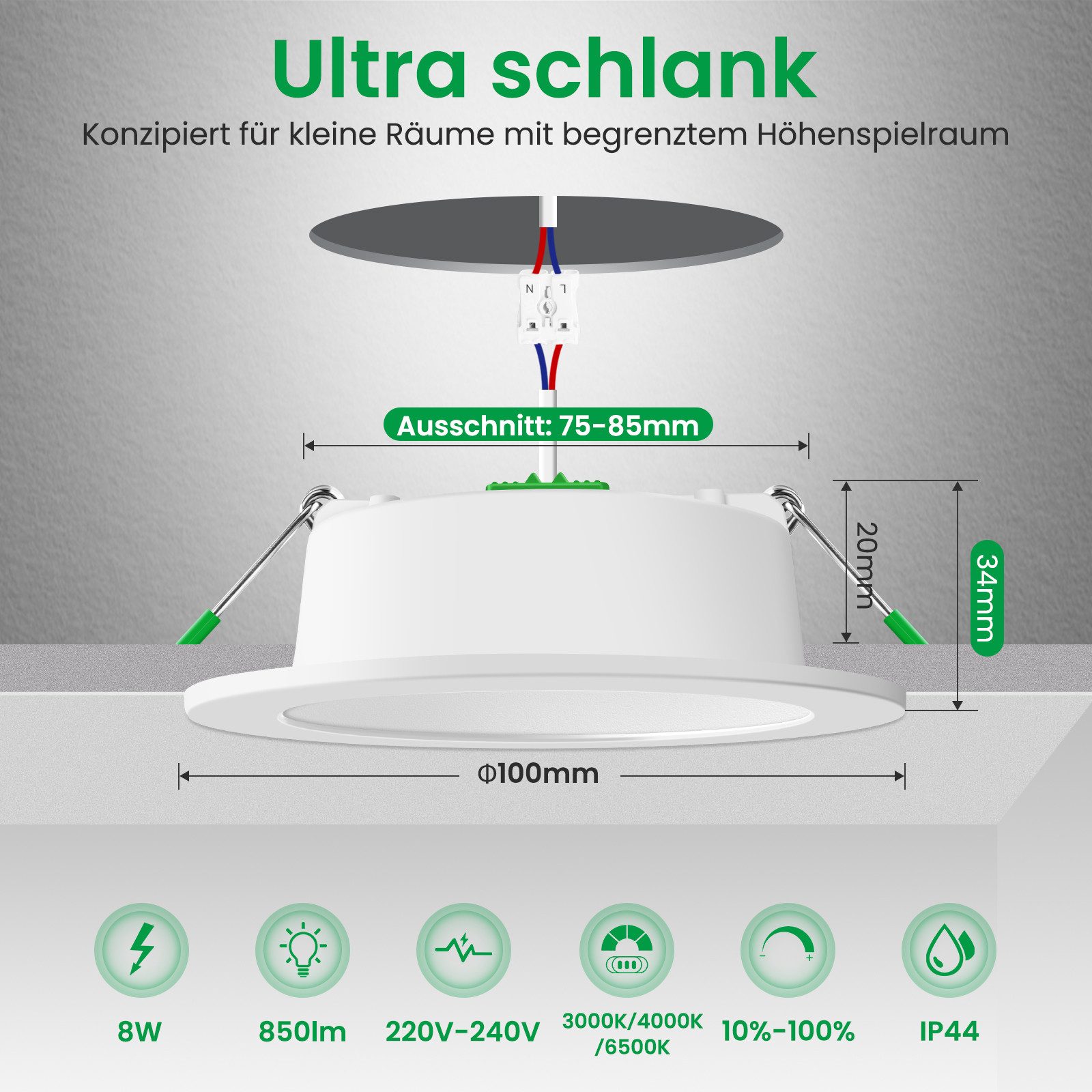 ALUSSO LED Einbauleuchte 6er-Set, Einbau-Spots, 3CCT, IP44, E-Klasse, dimmbar, 8W, 850lm, Weiß