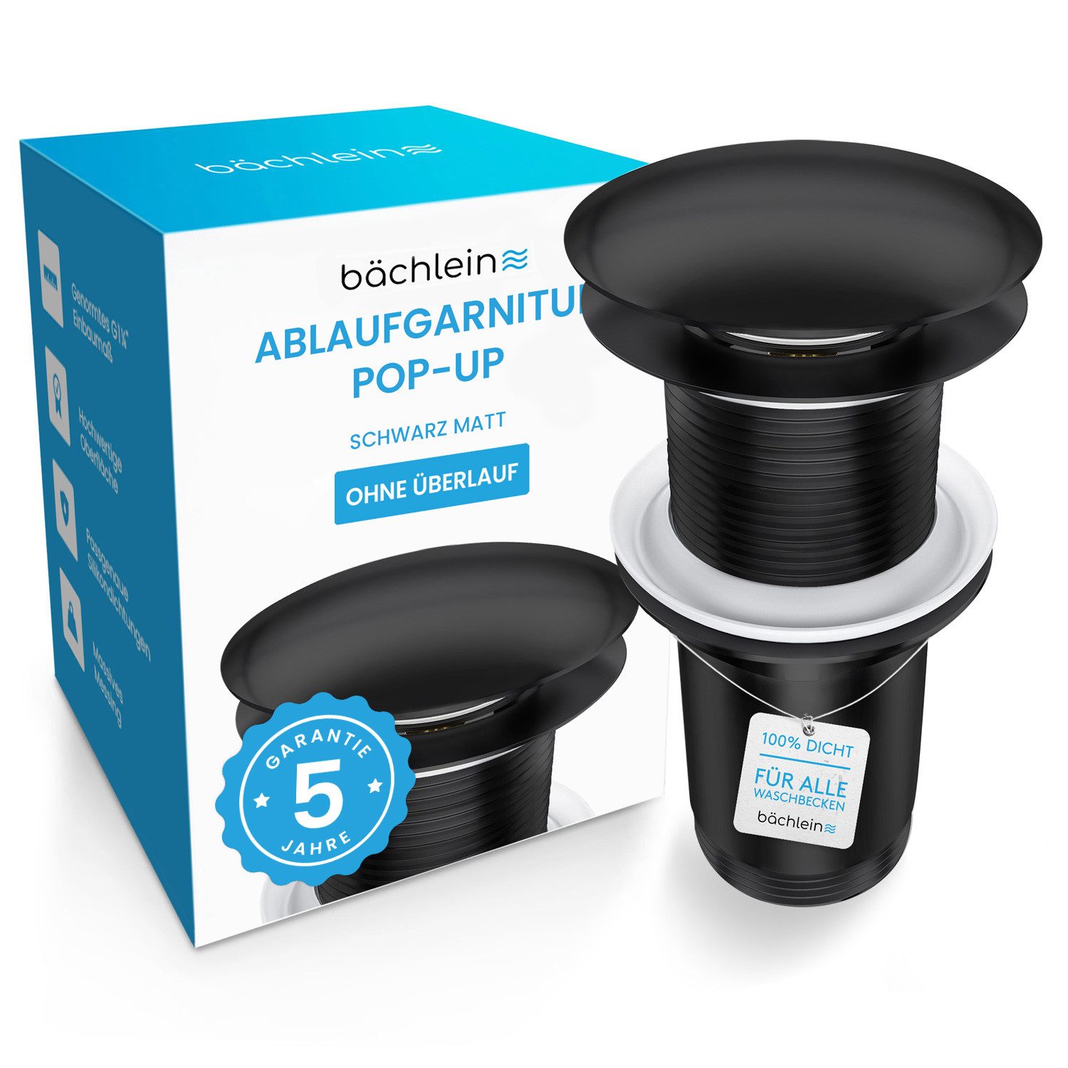 Bächlein Ablaufgarnitur Waschbeckenabfluss Pop Up (Eleganter Waschbeckenstöpsel) Werkzeugloser Einbau - Click Clack Funktion