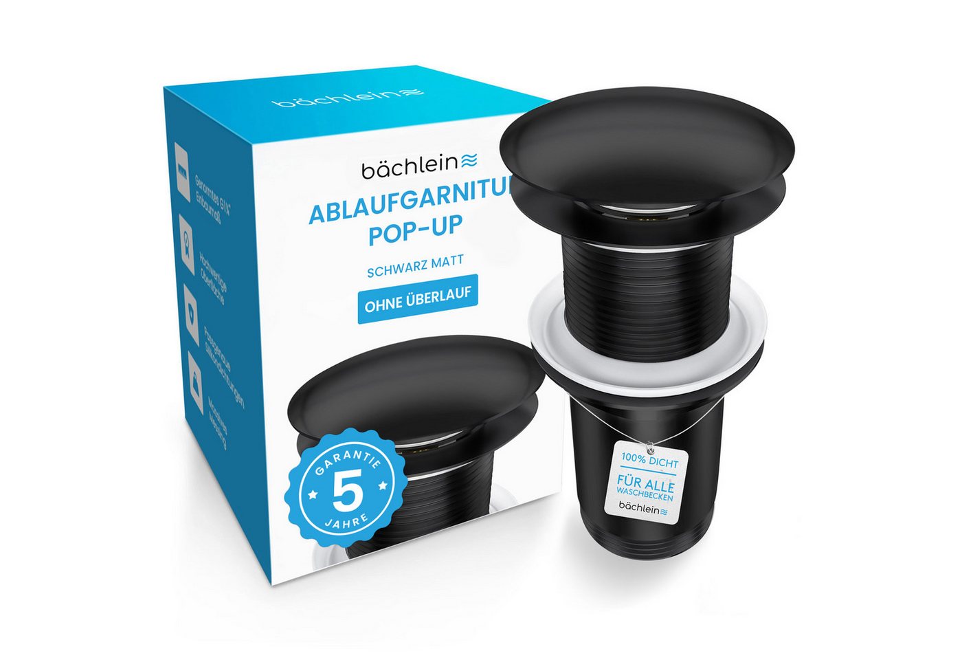 Bächlein Ablaufgarnitur Waschbeckenabfluss Pop Up (Eleganter Waschbeckenstöpsel) Werkzeugloser Einbau - Click Clack Funktion
