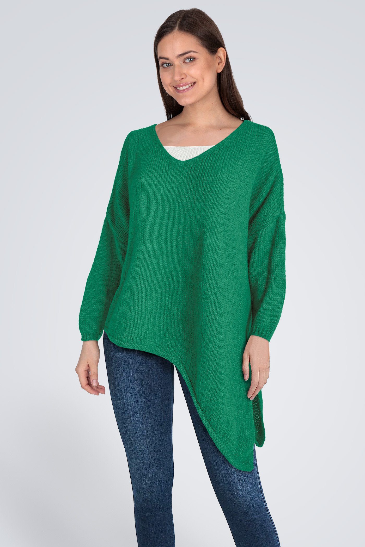 PEKIVESSA Strickpullover Asymmetrischer Grobstrick-Pullover oversized Damen (1-tlg) V-Ausschnitt langarm smaragdgrün