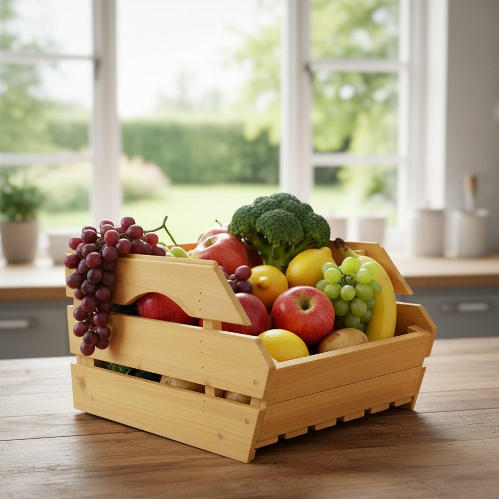 Melko Kartoffelkiste Holzkiste Obstkiste mit Griffen Weinkisten Aufbewahrungskiste (seitliche Grifföffnungen erleichtern das Tragen, mehrere Kisten lassen sich sicher), stapeln
