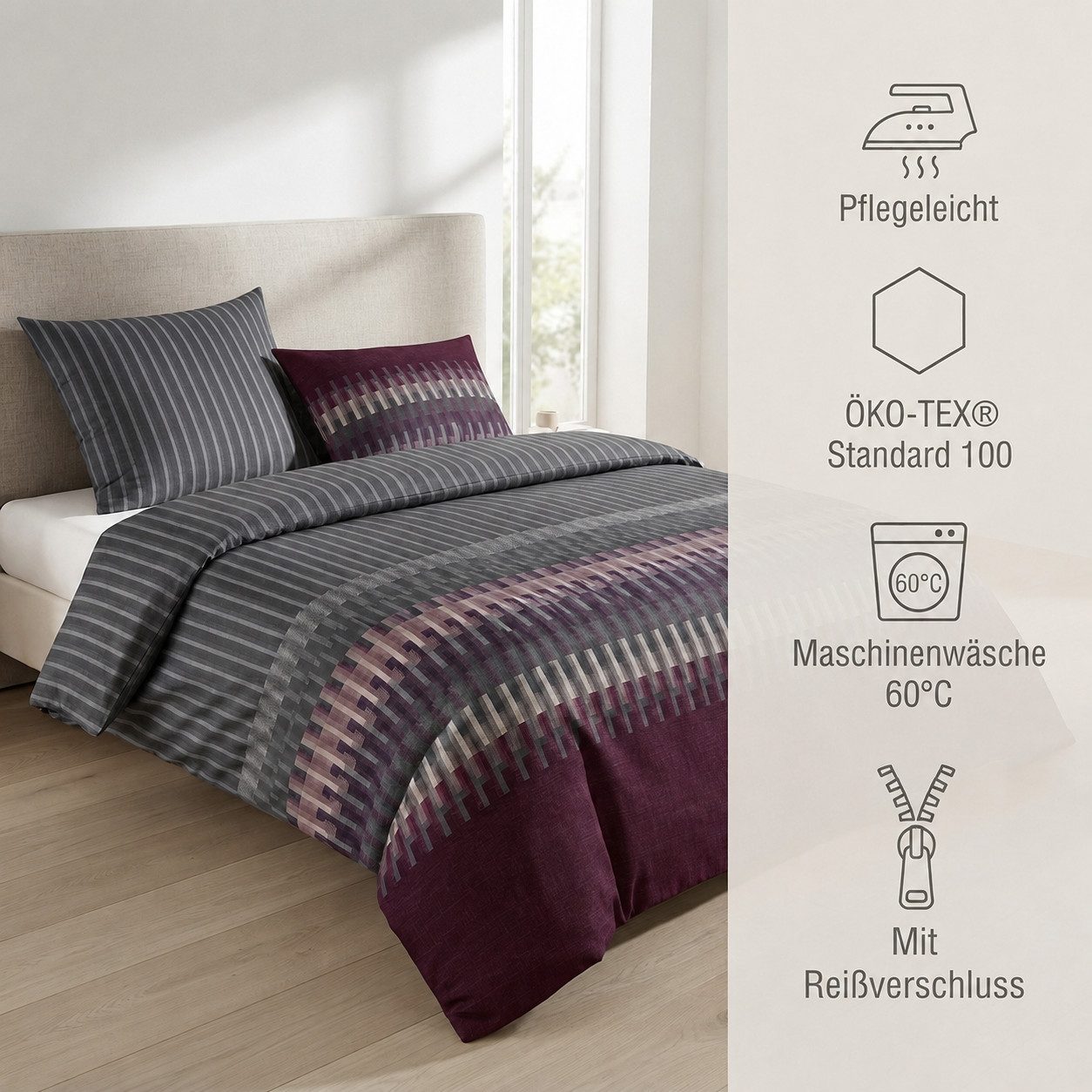 Kaeppel Bettwäsche 135x200cm Streifen Beere Grau, Mako-Satin, 2 teilig, modernes grafisches Streifenmuster, Reißverschluss – Bild 3 von 5