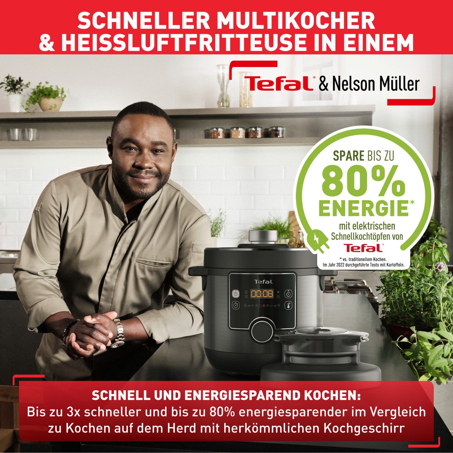 Tefal Multikocher Turbo Cuisine & Fry inkl. Extra-Crisp-Deckel, 1-Knopf-Bedienung, 1200 W, 7,6 l Schüssel, Schnellkochtopf/ Heißluftfritteuse, 15 automatische Programme, CY7788