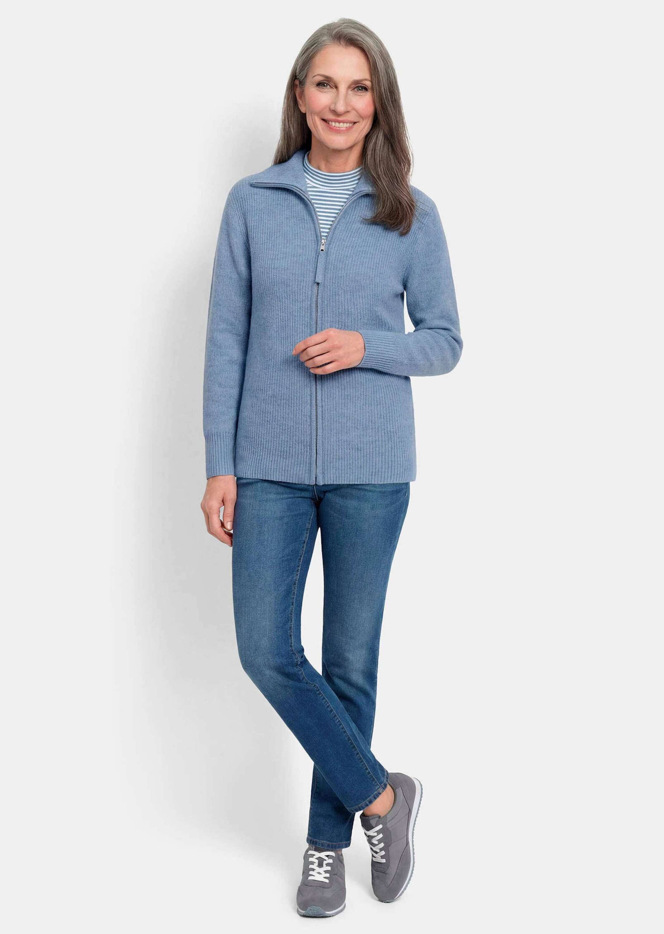 GOLDNER Strickjacke Melange-Cardigan mit Reißverschluss Elastische Strickjacke mit Längsrippe und Stehkragen