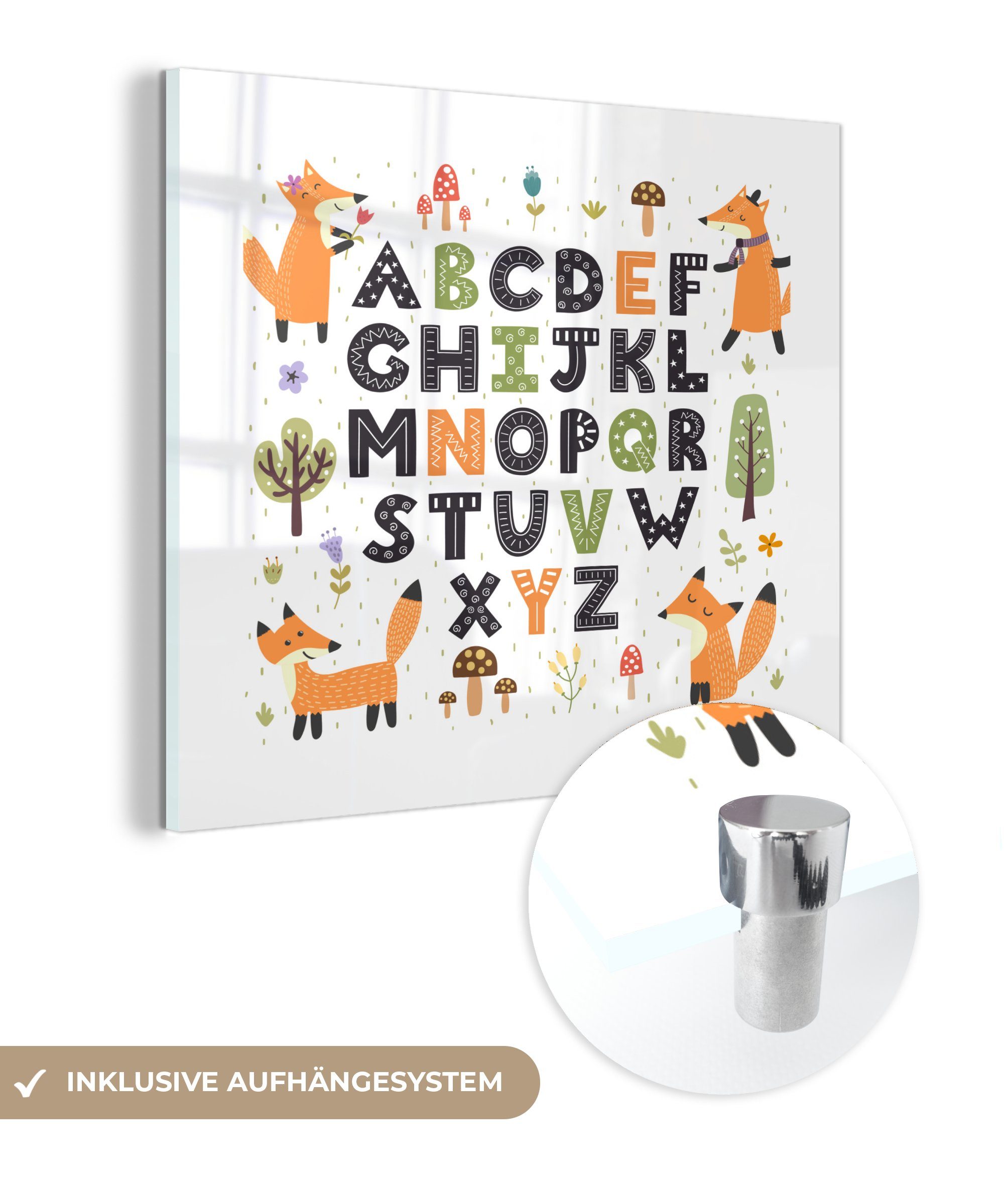 MuchoWow Acrylglasbild Illustration Alphabet mit glücklichen Füchsen, (1 St), Glasbilder - Bilder auf Glas Wandbild - Foto auf Glas - Wanddekoration