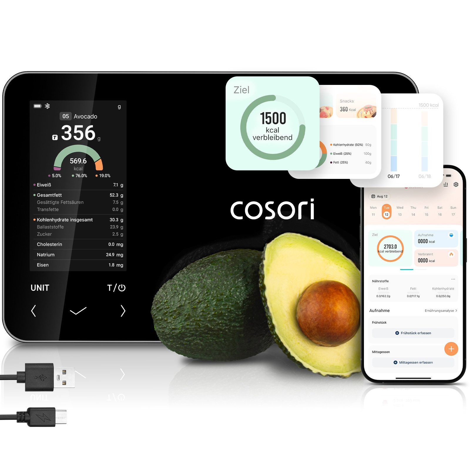 Cosori Küchenwaage CNS-R001S-X Smarte Küchenwaage Smart Nutrition Scale, Smart Nutrition, App-Tracking & TDEE-Funktion