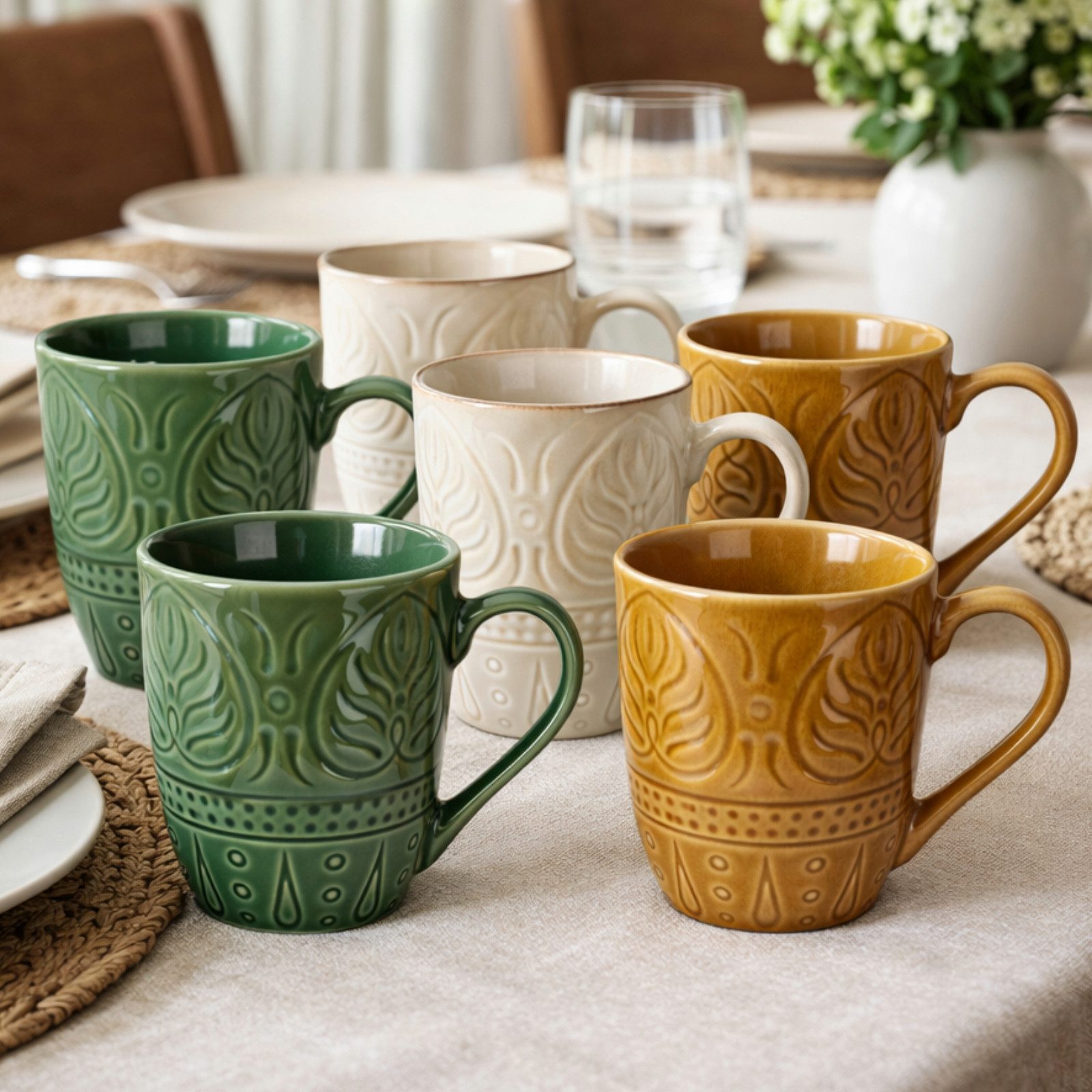 Koopman Tasse Kaffeetasse Teetasse Becher Motiv 390ml Keramik 6er Set, 6-tlg., Keramik, je Farbe 2 Stk, Braun, 390ml je Tasse, Grün, Beige