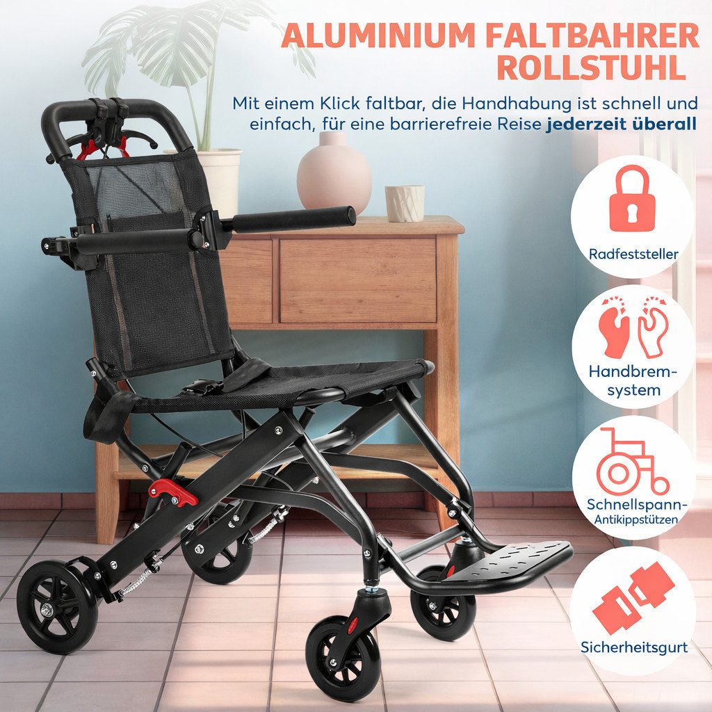 Rutaqian Rollstuhl Rollstuhl faltbar leicht, Reiserollstuhl ultraleicht faltbar 5,9 kg, mit Sicherheitsgurt und Tragetasche, Leichter Rollstuhl bis 130 kg