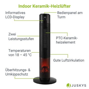 Juskys Heizlüfter Turm-Keramik-Heizer 1000/2000W in Schwarz, 2000 W, 2 Leistungsstufen, 50° Oszillation, LCD, Fernbedienung, Kamineffekt