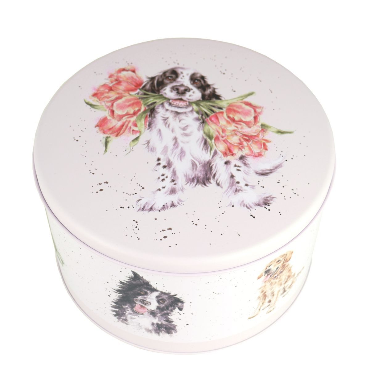 Wrendale Keksdose Wrendale Designs Keksdose Spaniel & Tulpen, ca. 25cm D, Weißblech, (Stück)