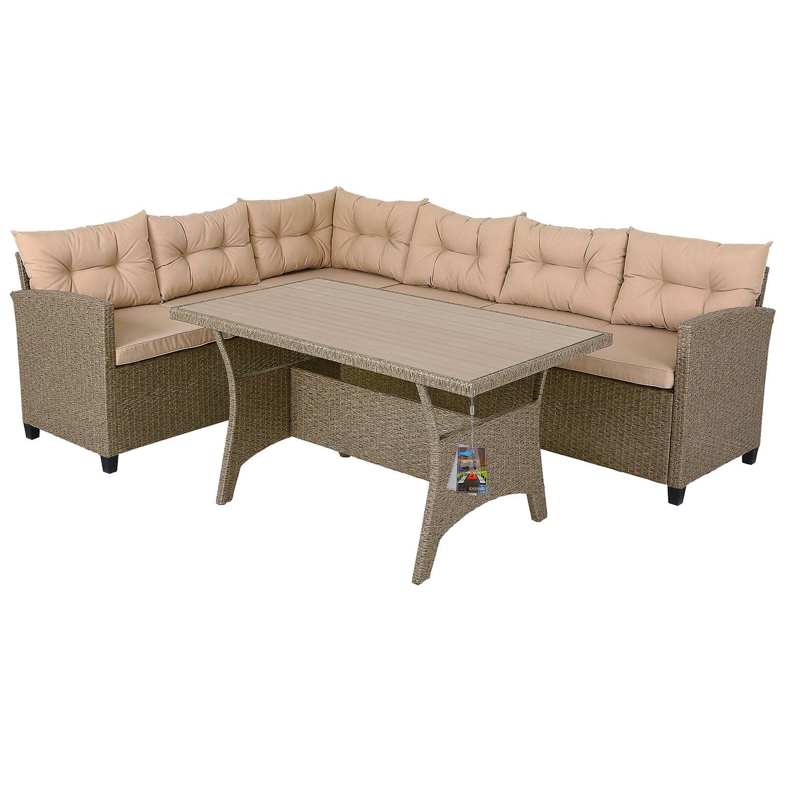 Casaria Sitzgruppe Lissabon, Polyrattan WPC Esstisch Eckbank 15cm Kissen 7cm Auflagen Wetterfest