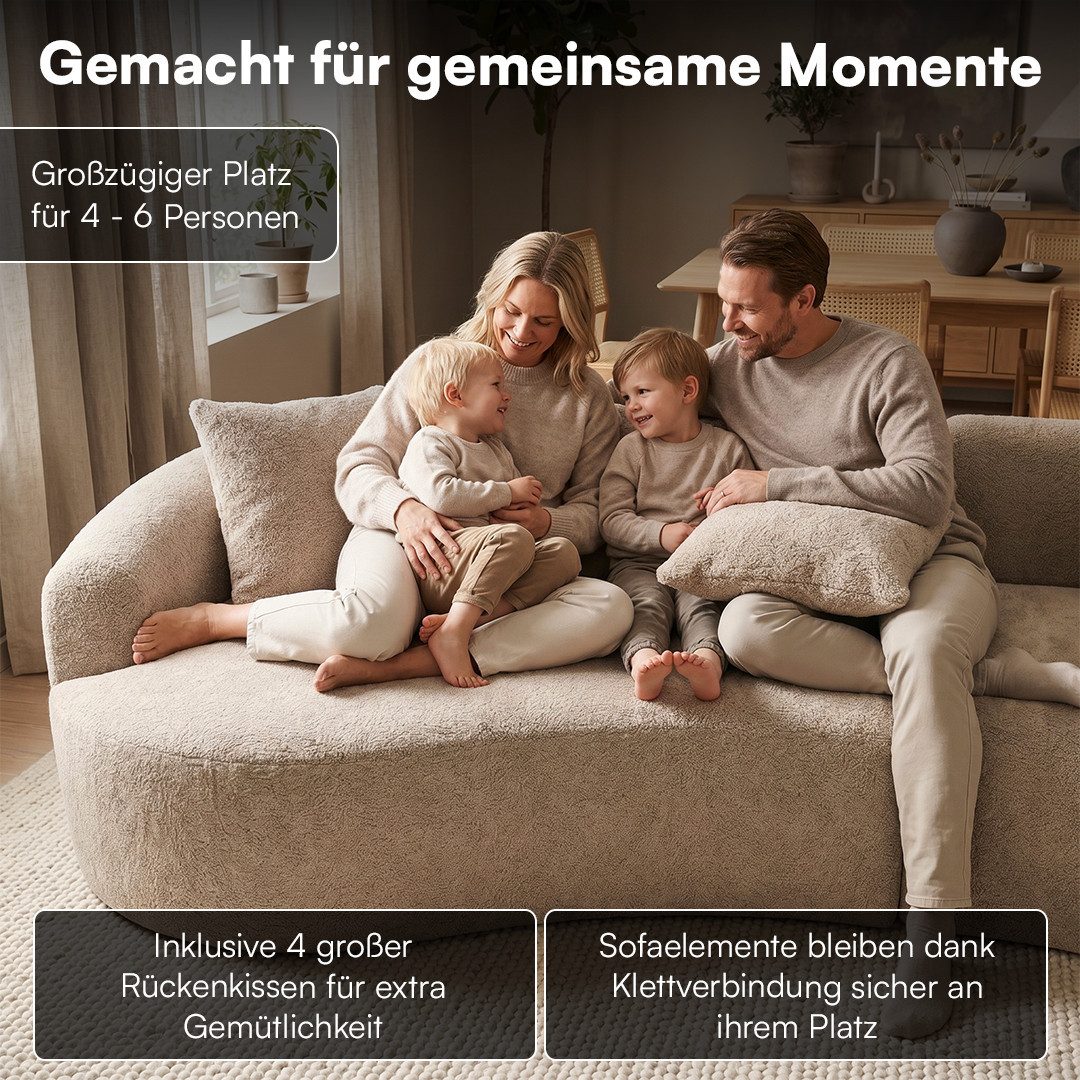 skølm Sofa Loki aus Teddy-Bouclé-Stoff, Vollschaumcouch mit Vakuum-Kompression, Beige, Couch 4 Sitzer mit 4 Kissen, kein Aufbau notwendig