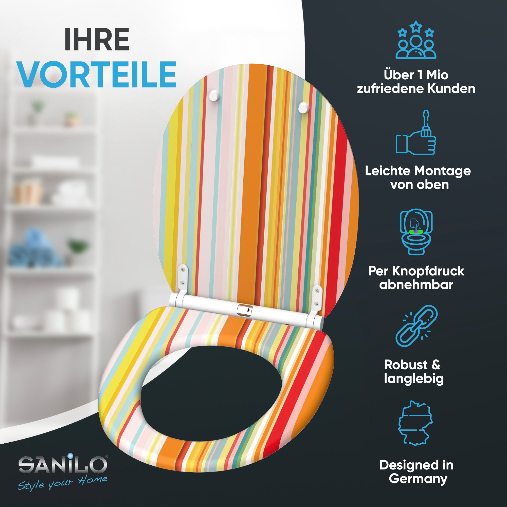 Sanilo WC-Sitz Starstripes mit Absenkautomatik & Quick Release, Premium Toilettendeckel, abnehmbar, leichte Montage von oben