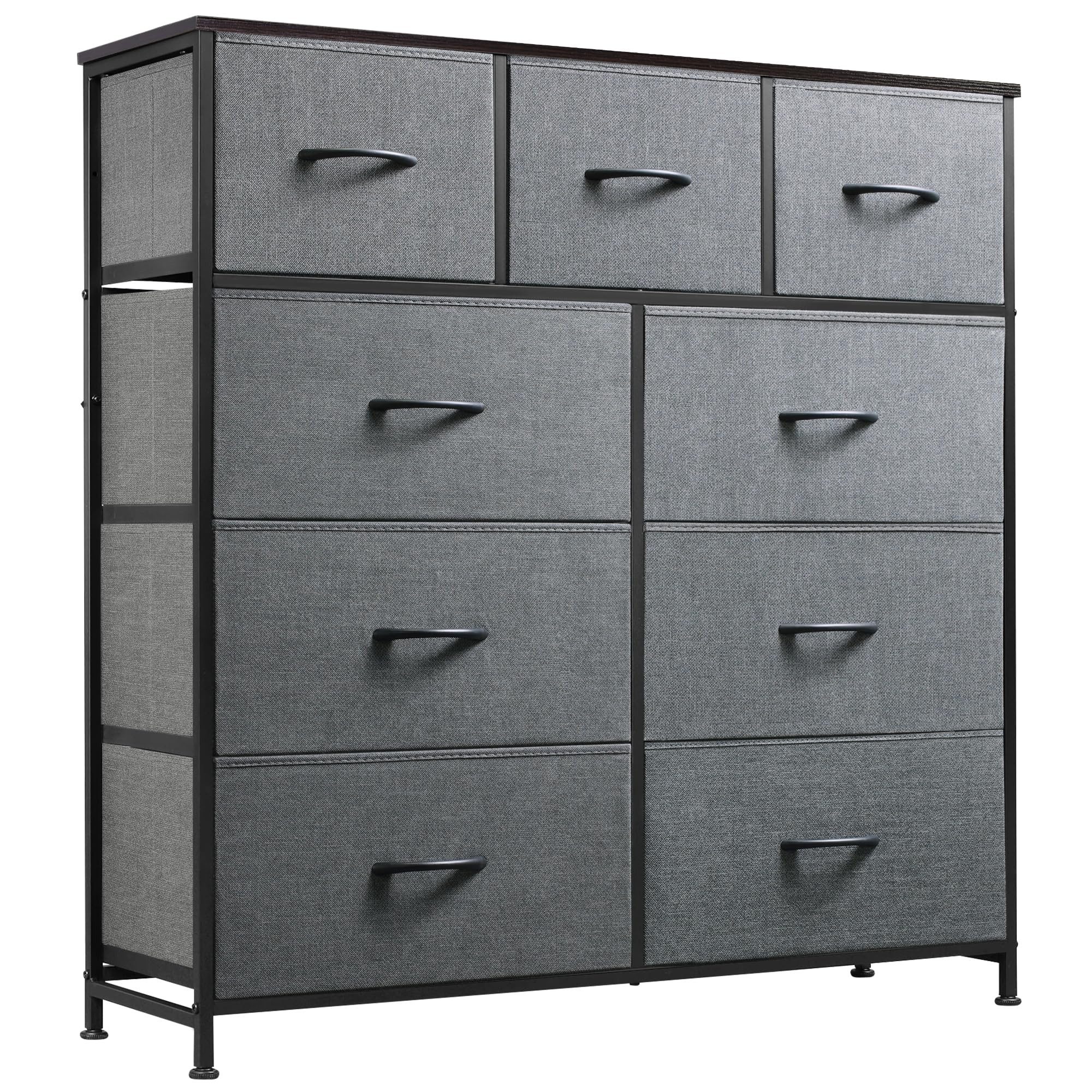 WLIVE Kommode kleiderschrank, 9 Schubladen mit Griffen, (Stauraumschrank Kommode mit Stoffschubladen), Modernes Sideboard, 100 × 30 × 102 cm, Vintagebraun-Schwarz
