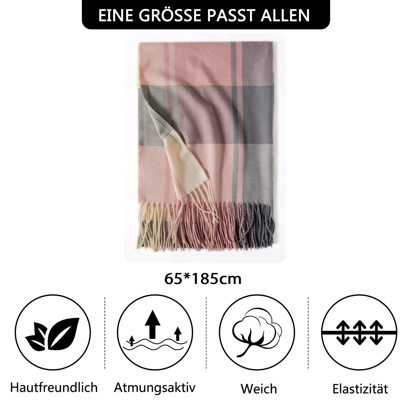 Coonoor Modeschal Damen Kariert Oversized Schal mit Fransen, Winterschal Weich Wraps, Karo Fransen Schals Warm für Herbst Winter, Mischfarbe – Bild 5 von 5