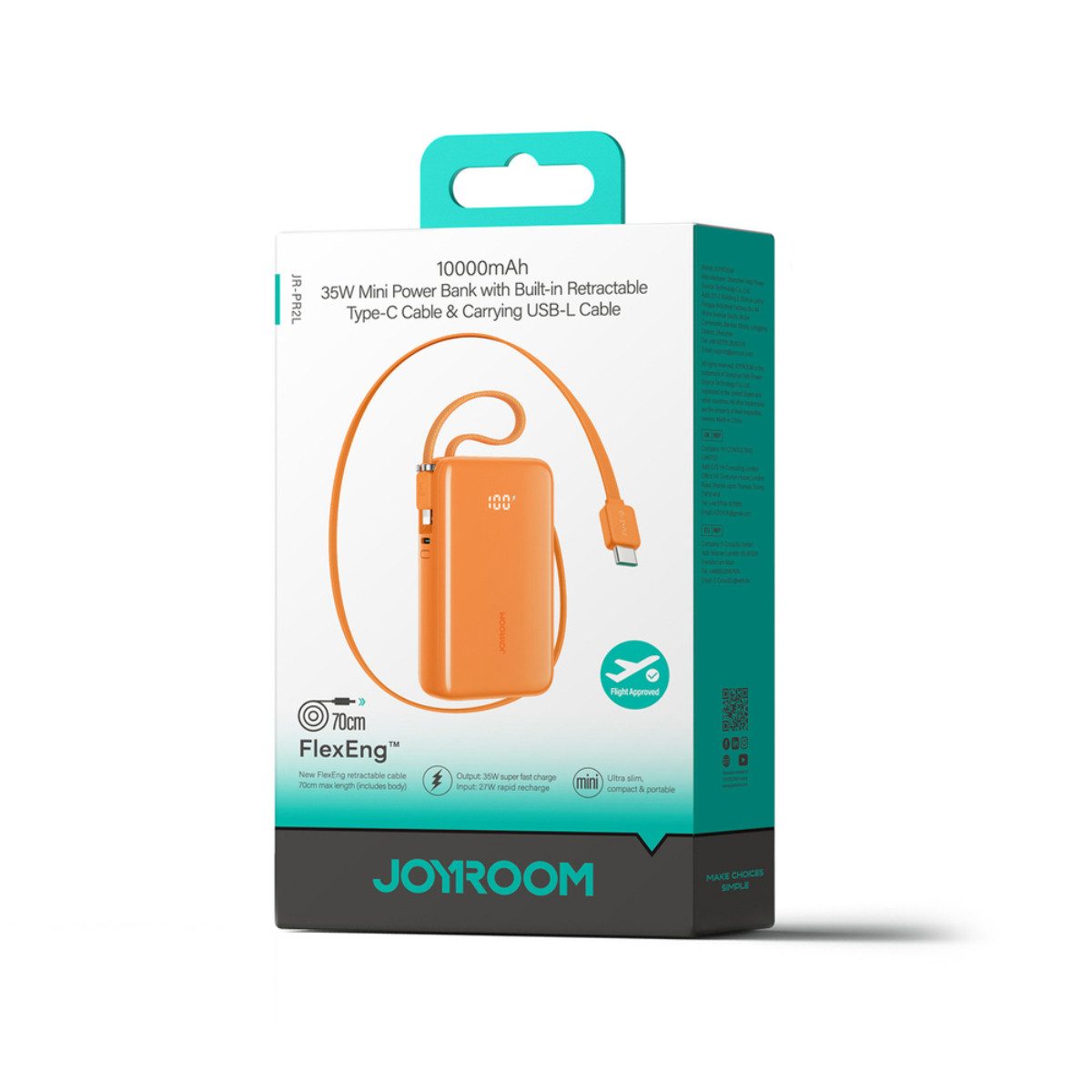 JOYROOM JR-PR2L Orange Powerbank 10000 mAh (12, 15, 5, 9, 20, 10 V), Powerbank mit integrierten Kabeln und LED Display