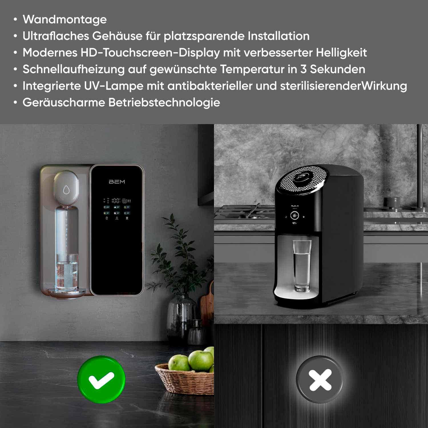 BEM Wasseraufbereiter Unicora Wasserfilter Osmoseanlage Umkehrosmose, (Trinkwasser Wasserfilteranlage mit UV und Direktanschluss, Heißwasserspender 6 Temperaturstufen), TDS Monitor Kalkfrei für Küche Büro