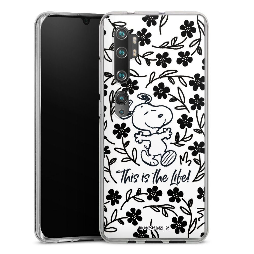 DeinDesign Handyhülle Peanuts Blumen Snoopy Snoopy Black and White This Is The Life, Xiaomi Mi Note 10 Silikon Hülle Bumper Case Handy Schutzhülle