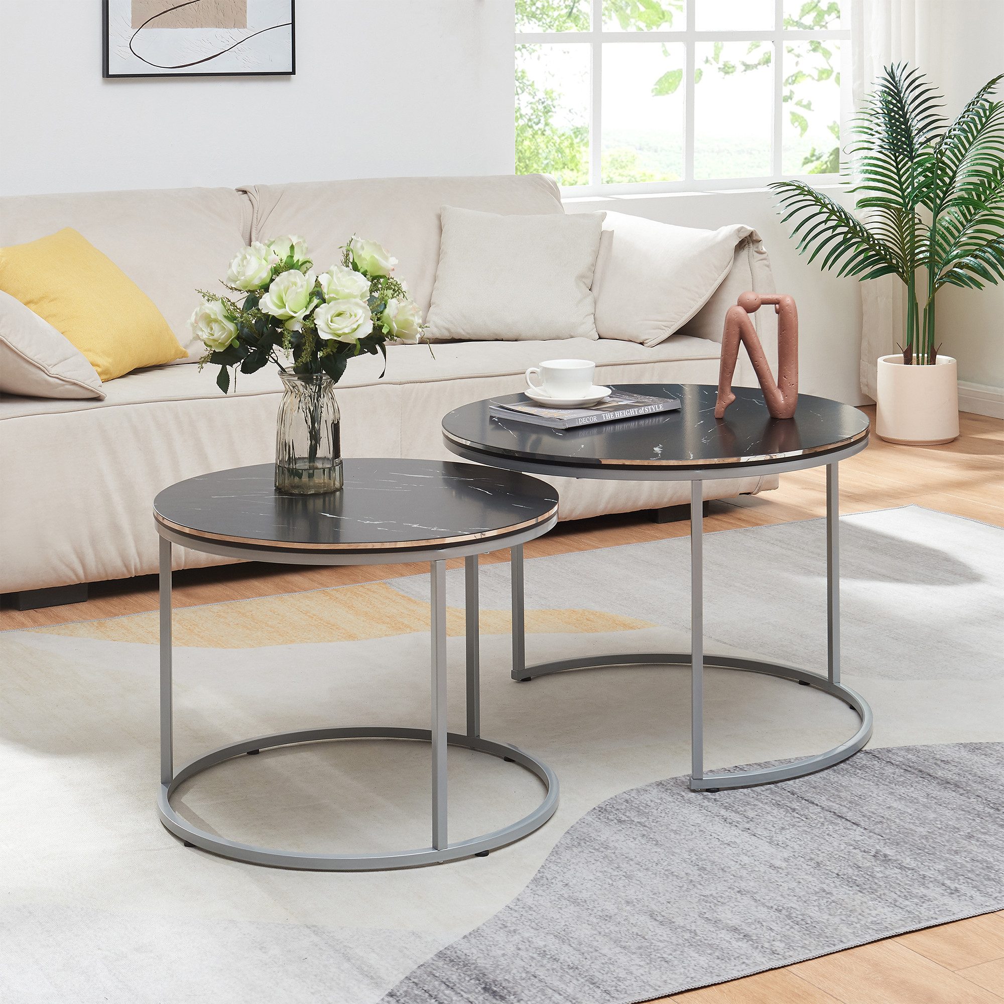 en.casa Couchtisch, »Skagen« Beistelltisch im 2er Set rund Marmor, schwarz / Silber