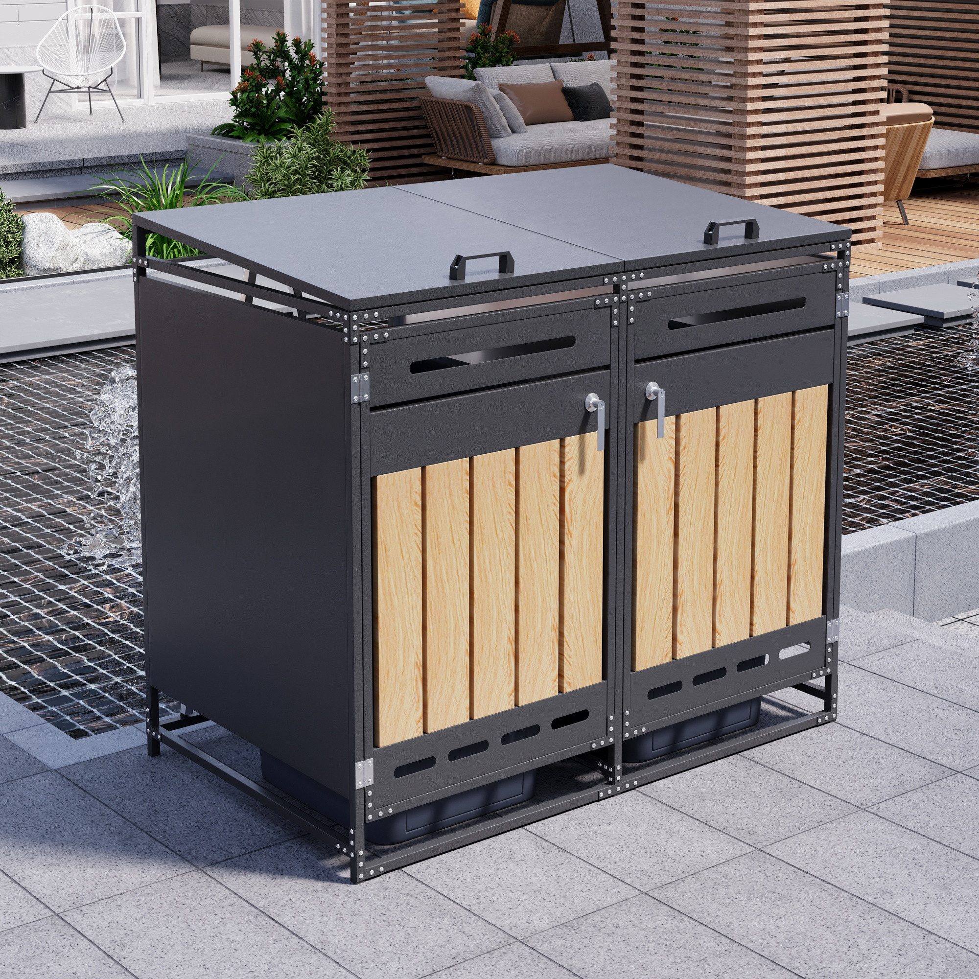Flieks Mülltonnenbox, Mülltonnenschrank für 2 Tonnen 120–240L mit hydraulik Deckel & Schloss