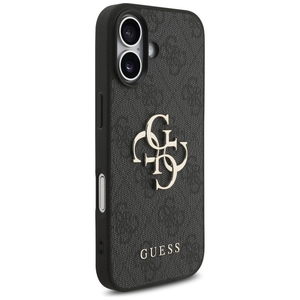 Guess Handyhülle Case iPhone 17 Kunstleder grau Big Logo goldfarbig Kette 6,3 Zoll, Kantenschutz – Bild 4 von 5