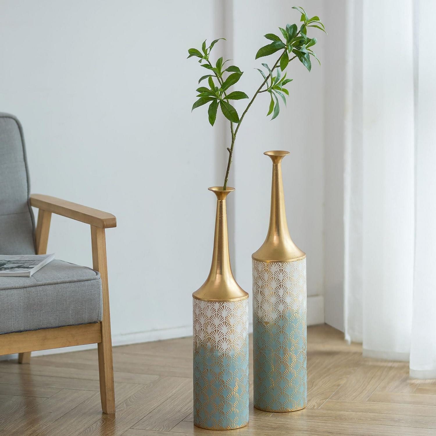 LuxusKollektion Bodenvase Bodenvase Metall 2er Set Blau/Gold 60cm (2 St)