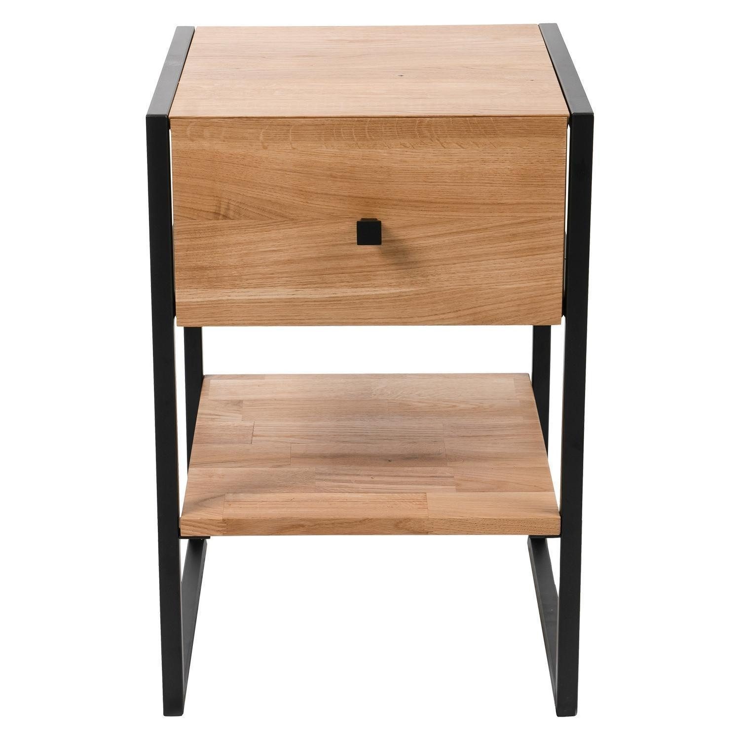 M2 Beistelltisch BOLZANO, Braun, Schwarz, Metall, Wildeiche massiv, mit Ablage, 1 Schublade, B 40 x H 60 x T 40 cm