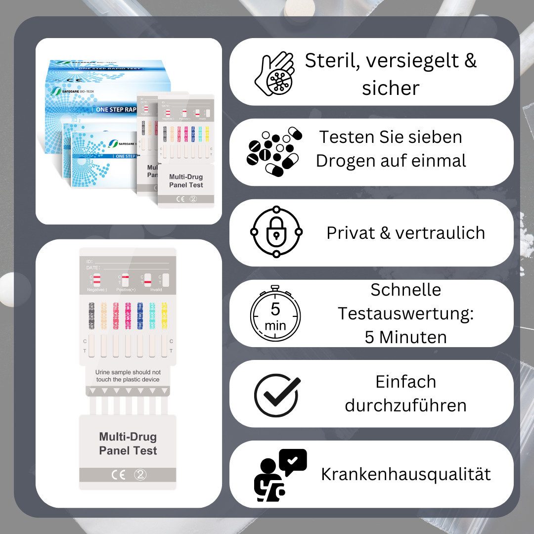 Safecare Bio-Tech Drogen-Schnelltest 5 x 7in1 Drogentest Schnelltest - 99% Genauigkeit - Urin Test, 7 Messparameter, Multidorgentest, 5-tlg., Drogenschnelltest, Urintest, Multifunktionalität, Einfache Anwendung, Vielseitiger Einsatz