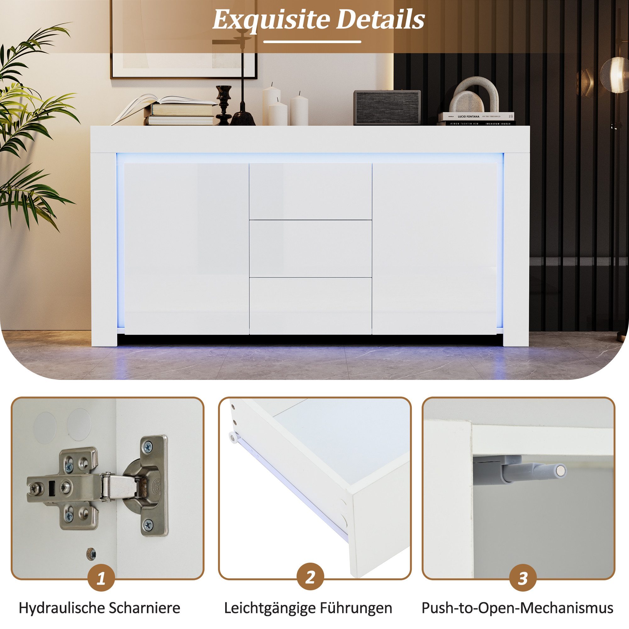 Merax Sideboard Hochglanz Anrichte mit LED-Beleuchtung (für Flur, Wohnzimmer, Büro, 1 St., 140×40×65cm), Kommode mit 2 Türen, 3 Schubladen & verstellbaren Einle – Bild 5 von 5