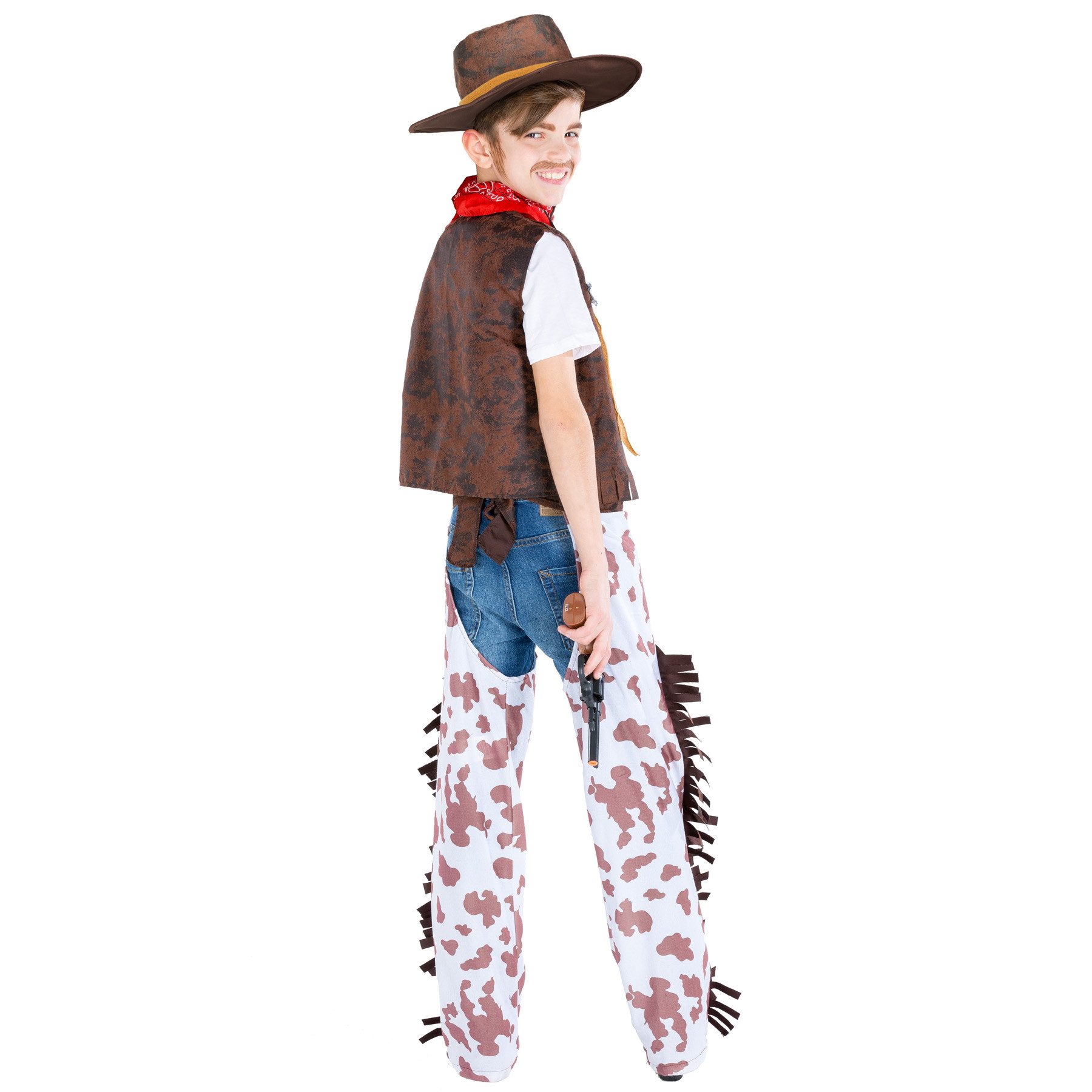 dressforfun Cowboy-Kostüm Westernheld/Rinderhirt, Gr. 104 (3-5 Jahre), Hut in Kunstlederoptik, in braun, Weste in Kunstlederoptik, 2 Sheriff Sterne auf der Weste
