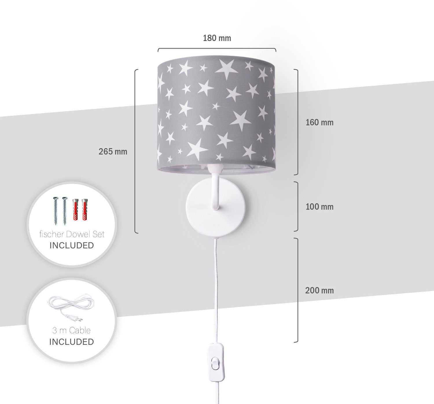 Paco Home 315, E14 Leuchtmittel, Lampe ohne Babyzimmer Sterne 3m Wandleuchte âˆ…18cm Capri Kabellänge Kinderzimmer