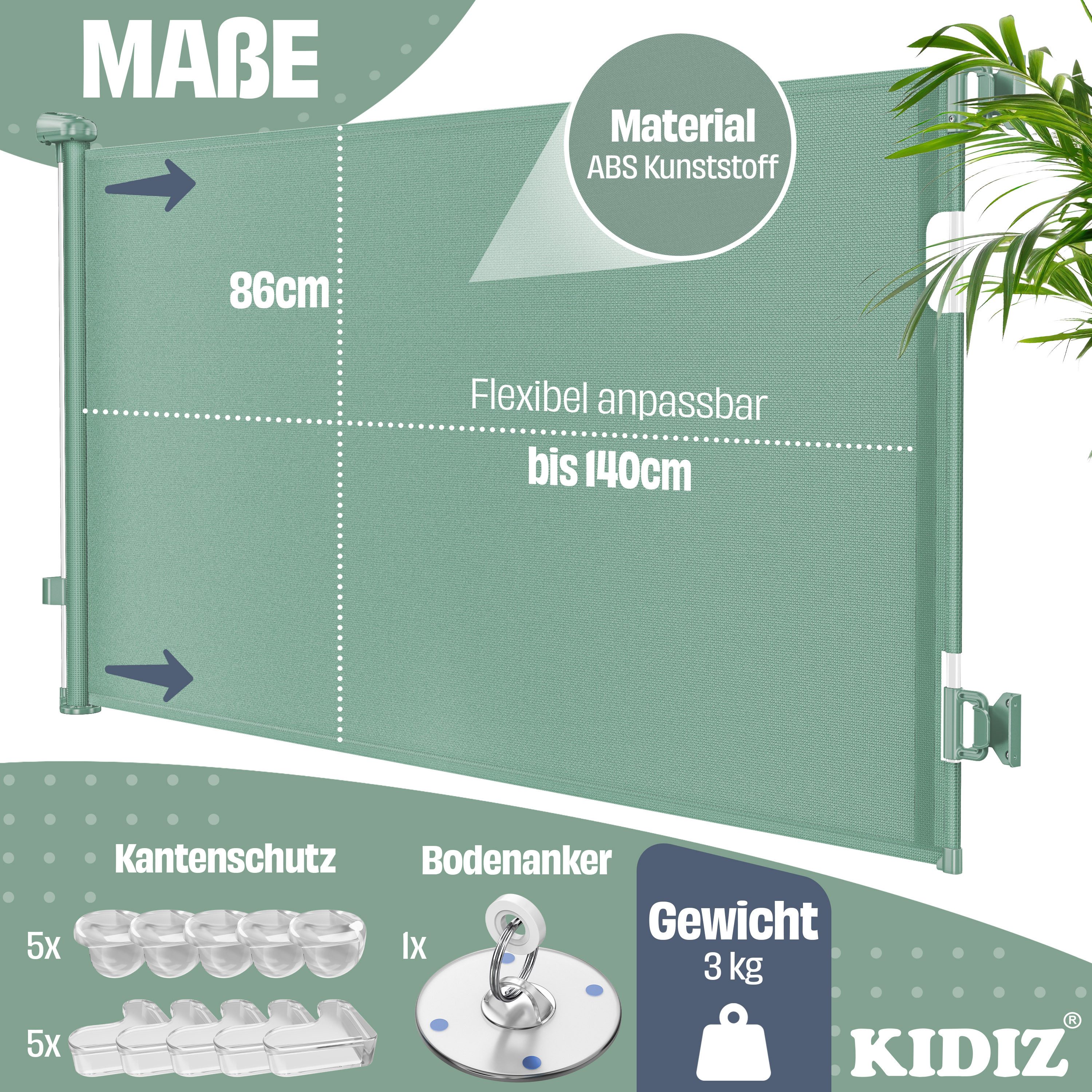 KIDIZ Türschutzgitter Treppenschutzgitter ausziehbar bis 140cm für Kinder, Babys & Haustiere (Schutzgitter für Treppen & Türen inkl. Bodenanker & Montagezubehör), Raumtrennung Absperrgitter kindersicheres Treppengitter